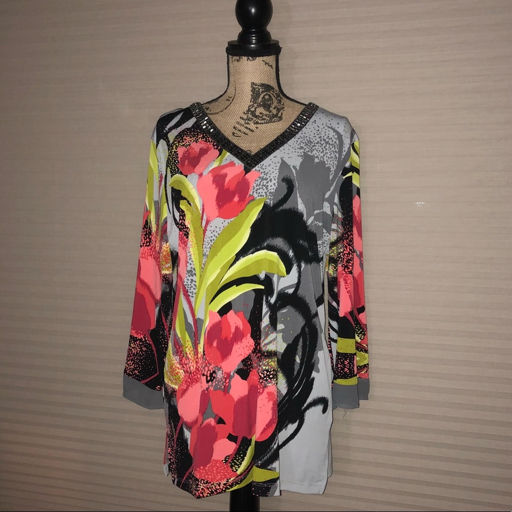 JM Collection floral blouse with beaded neckline
